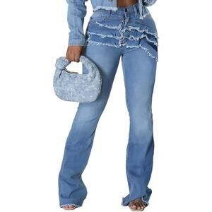 SeNight Women Bell Bottom Raw Hem Accent in Blue, Size XL